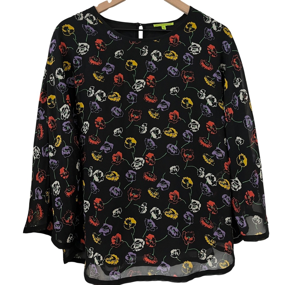 Trisha Tyler Black Floral Poppy Bell Sleeve Blouse Top Womens Large L Chiffon